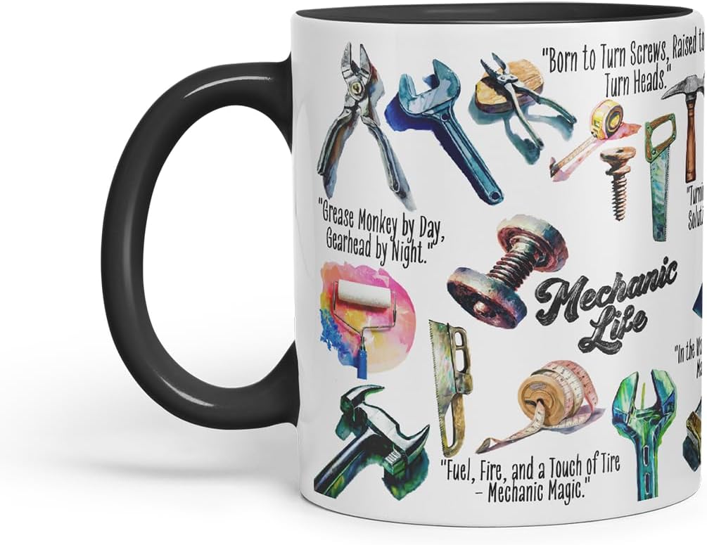Vixar Mechanic Life Tools Mug – Coloured Ceramic Mug Cup Gift, 11oz (Black)