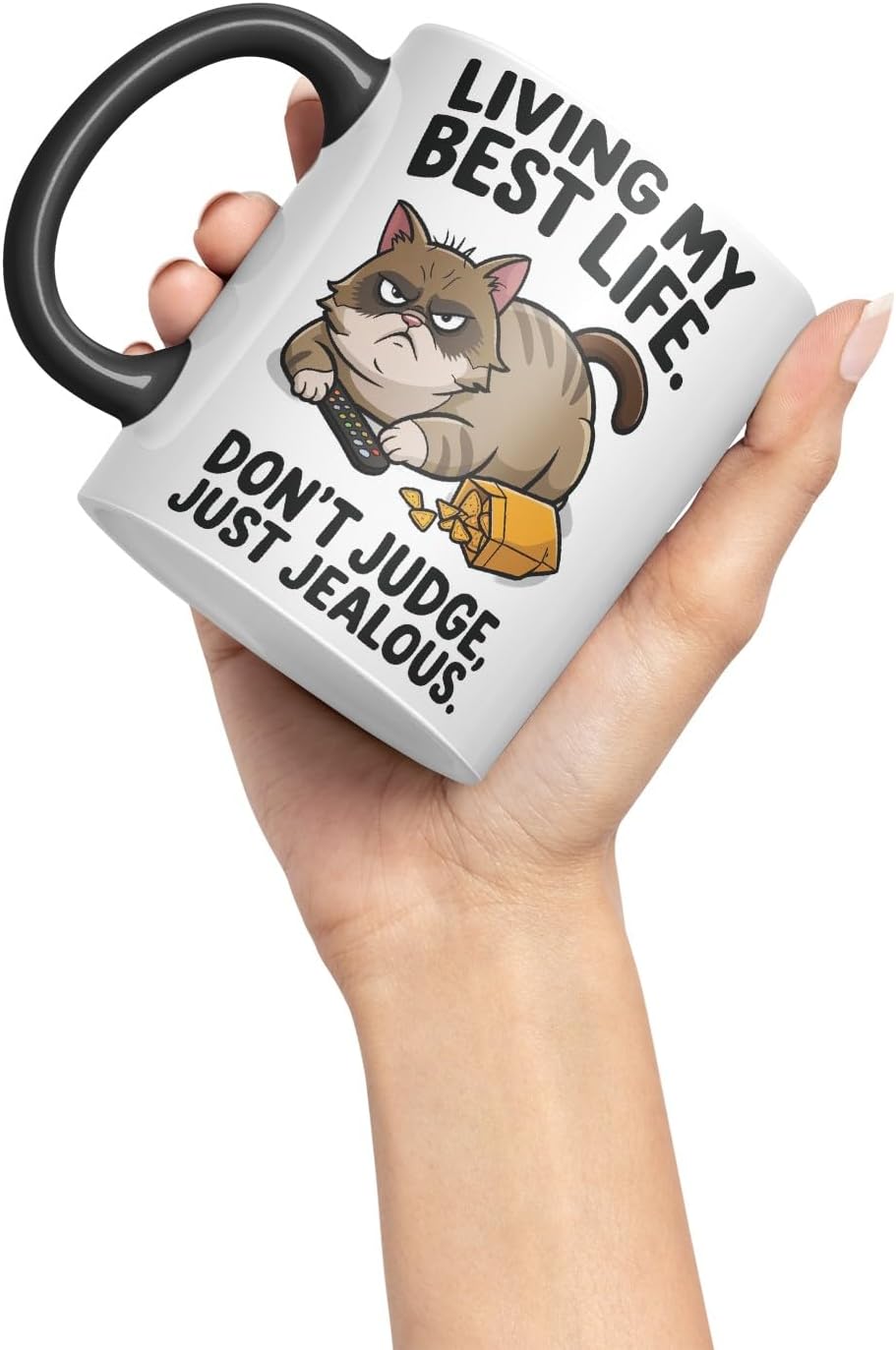Living My Best Life Don’t Judge Cat Mug – Coloured Ceramic Mug Cup Gift, 11oz (Black)