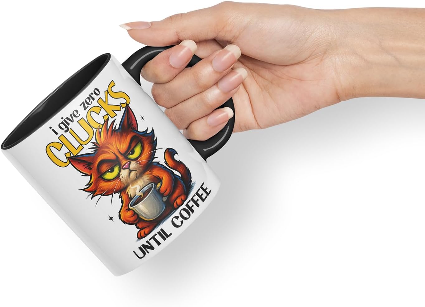 Vixar I Give Zero Clucks Until Coffee Funny Cat Mug – Coloured Ceramic Mug Cup Gift, 11oz (Black)