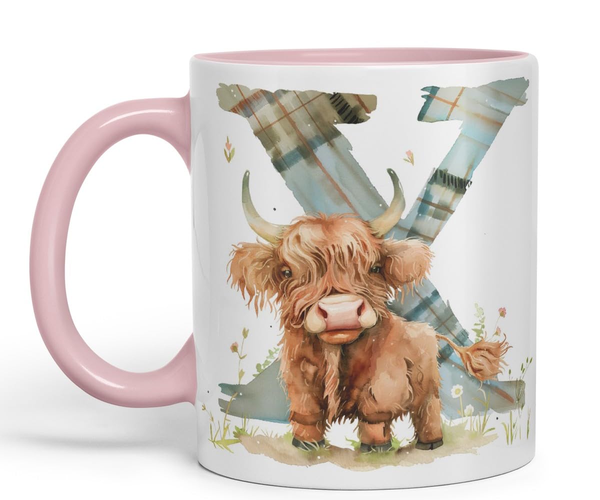 Vixar Highland Cow Alphabet Monogram Coloured Ceramic Cup Mug – Letter X – Rustic Farmhouse Animal Letter Gift – 11oz (Black)
