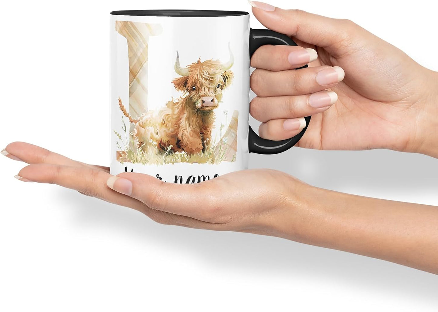 Vixar Personalised Highland Cow Initial Letter L Custom Name Mug – Coloured Ceramic Mug Cup Gift, 11oz (Black)