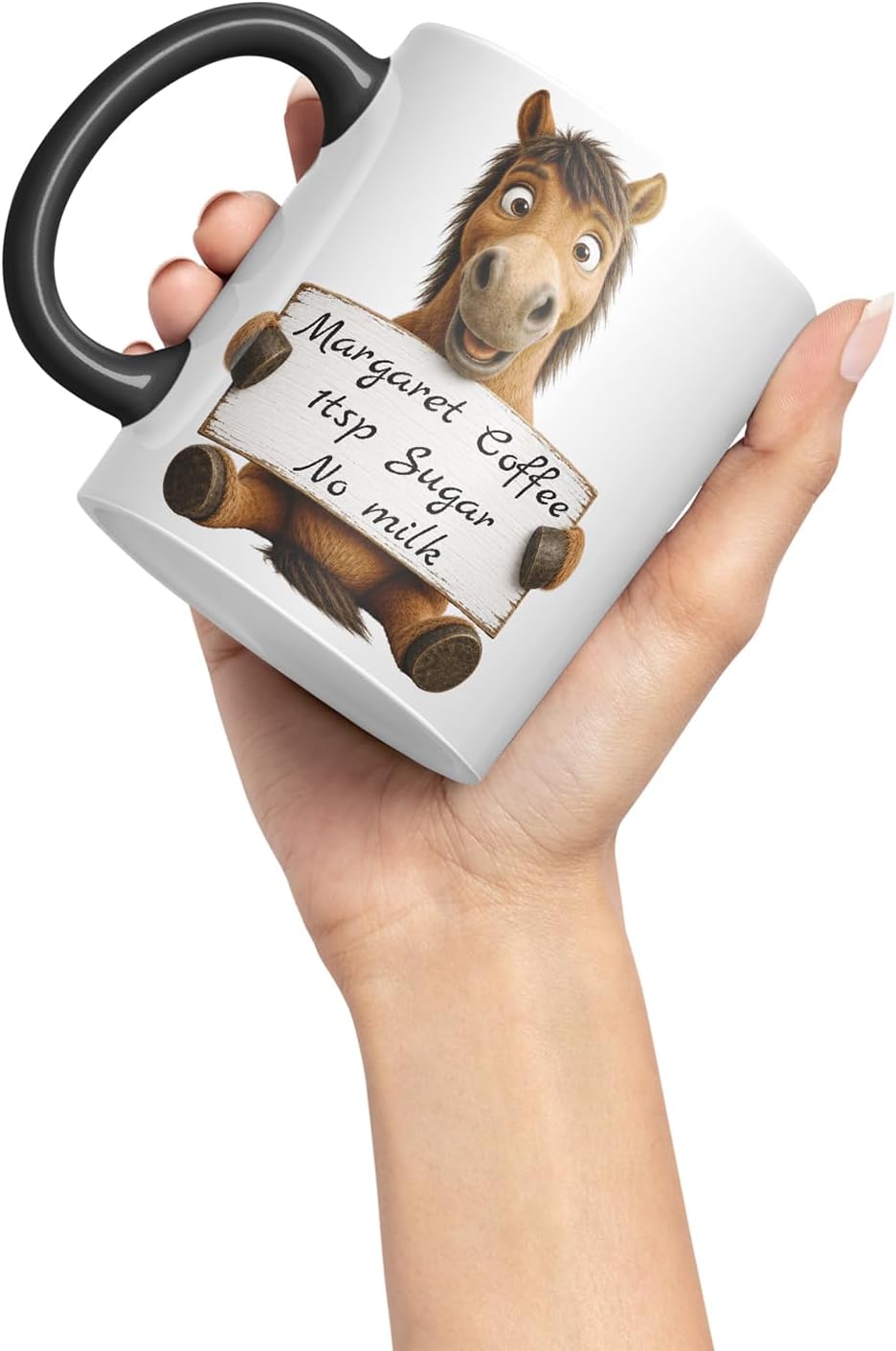 Vixar Personalised Horse Mug with Name or Custom Message – Cute Animal Coloured Ceramic Mug Cup Gift, 11oz (Black)