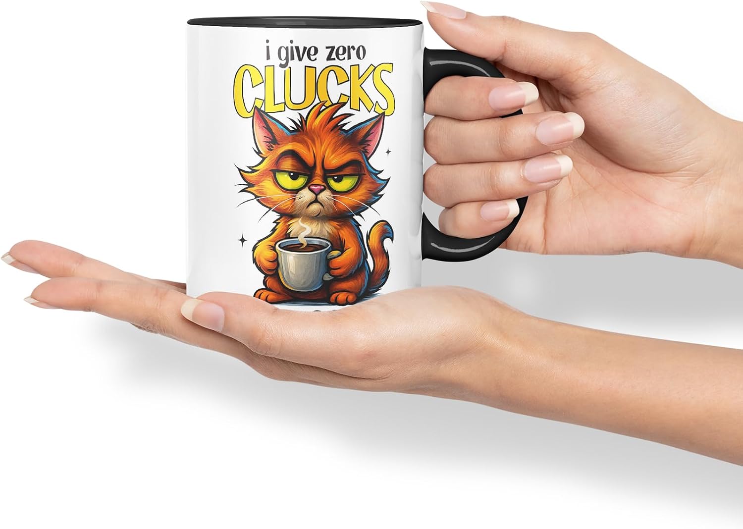 Vixar I Give Zero Clucks Until Coffee Funny Cat Mug – Coloured Ceramic Mug Cup Gift, 11oz (Black)