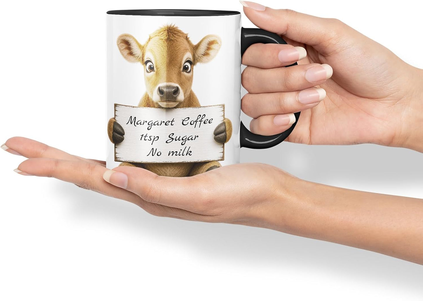 Vixar Personalised Jersey Cow Mug with Name or Custom Message – Cute Animal Coloured Ceramic Mug Cup Gift, 11oz (Black)