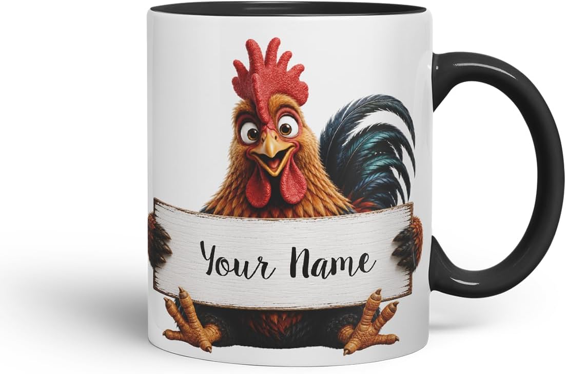 Vixar Personalised Cockerel Mug with Name or Custom Message – Cute Animal Coloured Ceramic Mug Cup Gift, 11oz (Black)