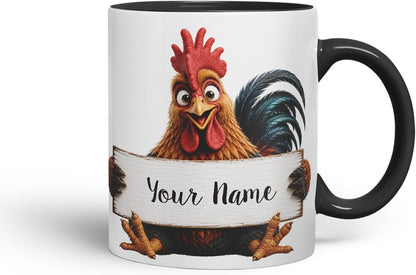 Vixar Personalised Cockerel Mug with Name or Custom Message – Cute Animal Coloured Ceramic Mug Cup Gift, 11oz (Black)
