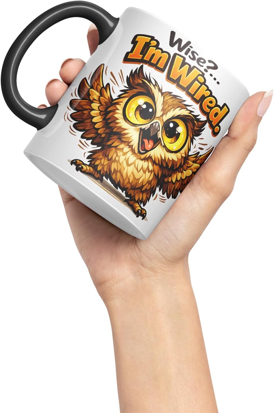 Vixar Wise I'm Wired Funny Owl Mug – Coloured Ceramic Mug Cup Gift, 11oz (Black)