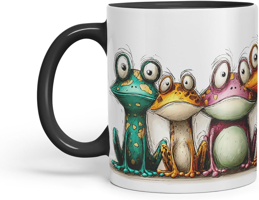 Vixar Funny Colourful Frog Friends Design – Cute raptile Character Mug for Animals Lovers, Coloured Mug Cup Gift, 11oz (Black)