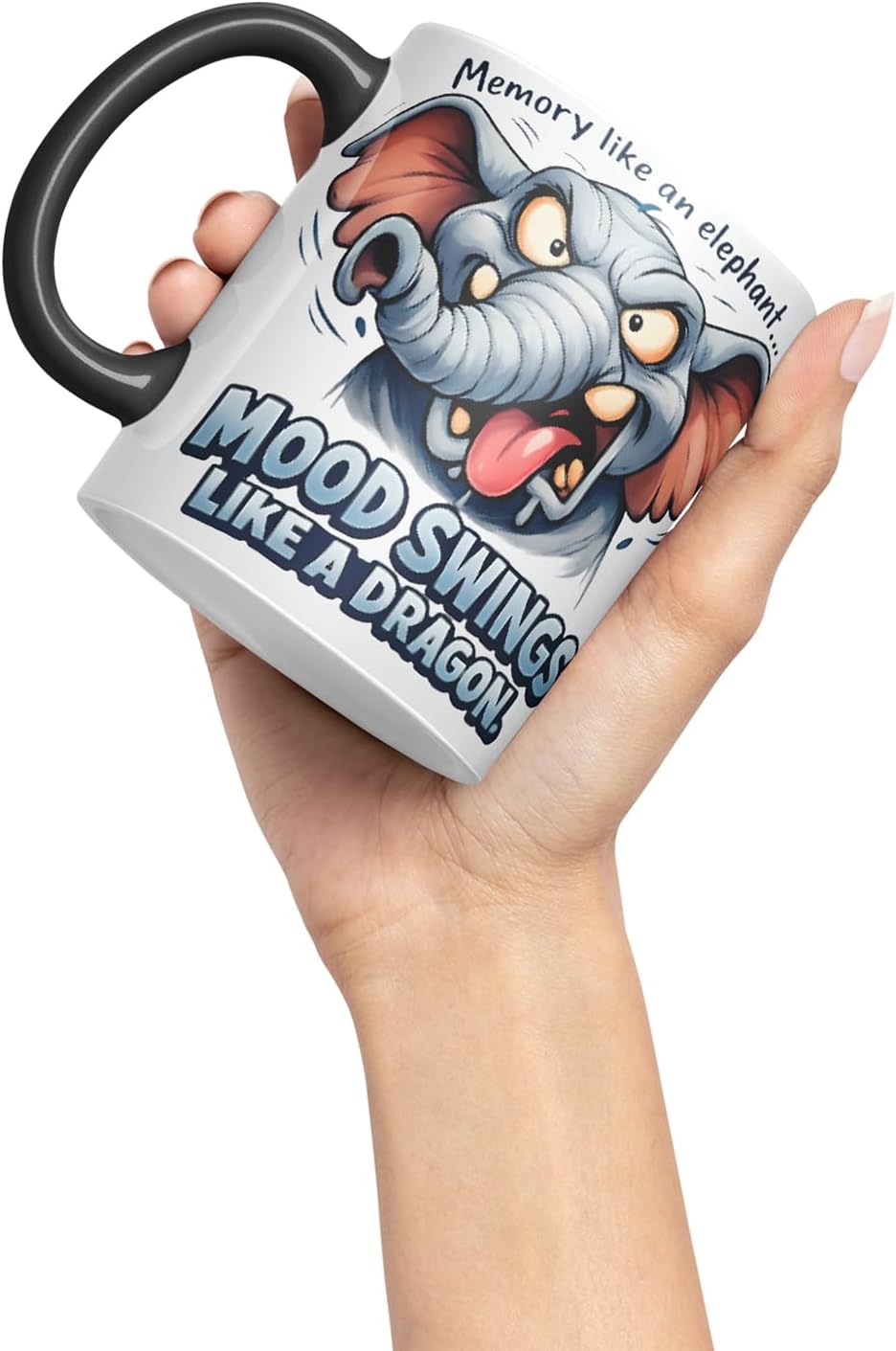 Vixar Memory Like an Elephant Mood Swings Like A Dragon Funny Elephant Mug – Coloured Ceramic Mug Cup Gift, 11oz (Black)