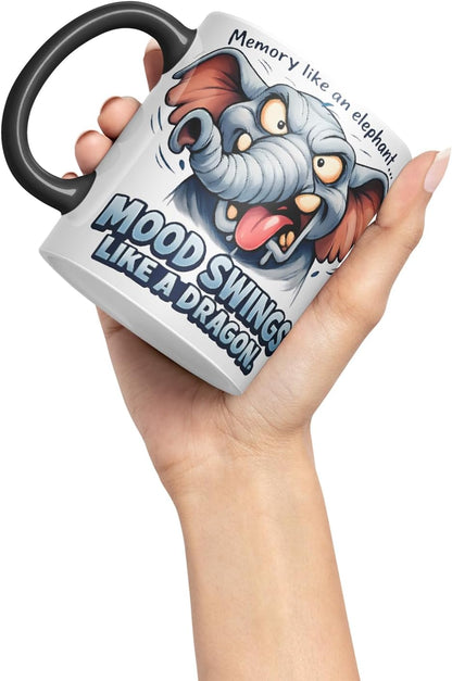 Vixar Memory Like an Elephant Mood Swings Like A Dragon Funny Elephant Mug – Coloured Ceramic Mug Cup Gift, 11oz (Black)