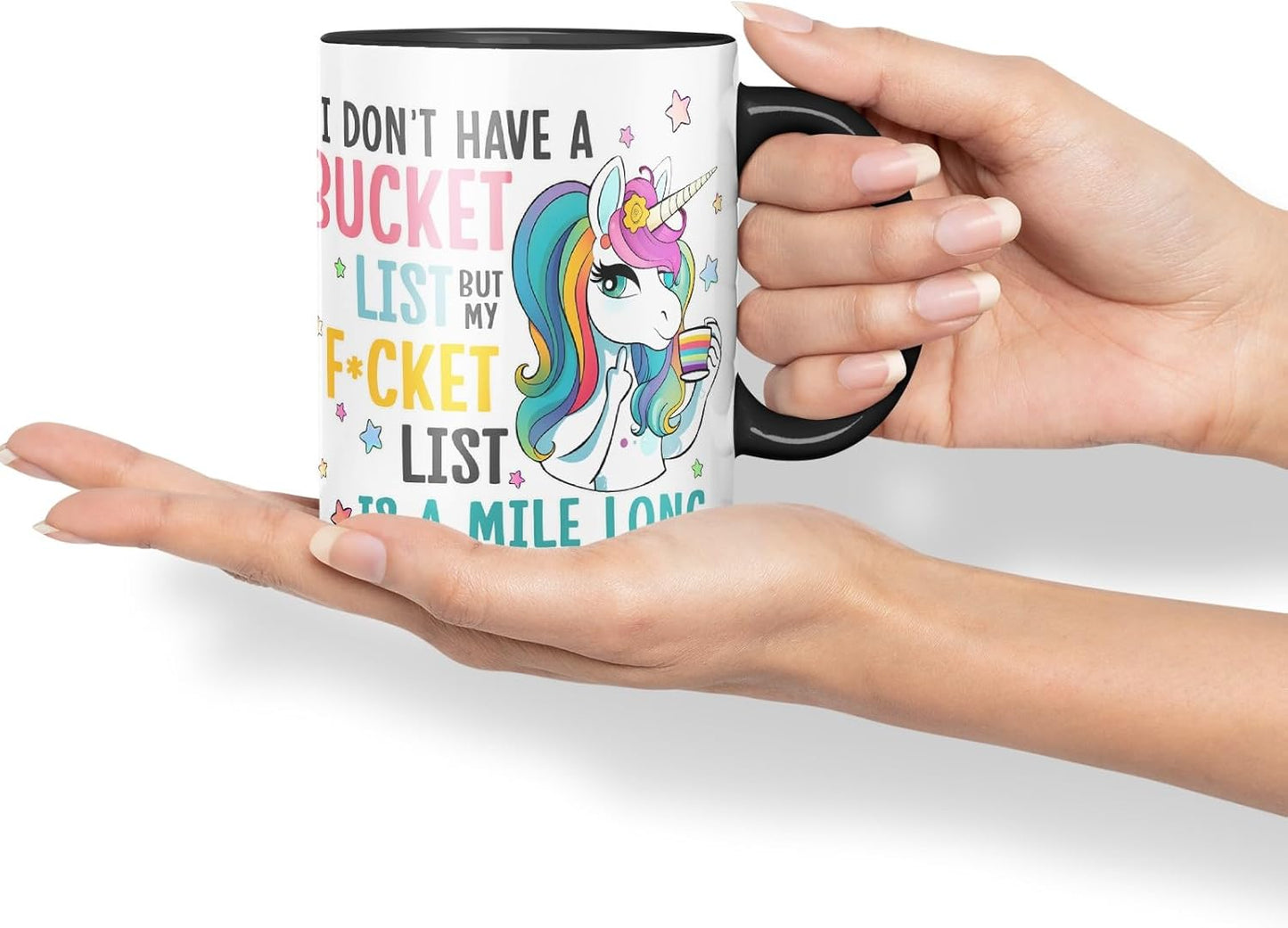 Vixar Bucket List: Coffee, Magic, Repeat – Funny Unicorn Coloured Mug Cup 11oz (Black)