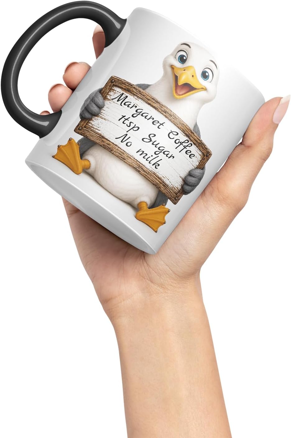 Vixar Personalised Seagull Mug with Name or Custom Message – Cute Animal Coloured Ceramic Mug Cup Gift, 11oz (Black)