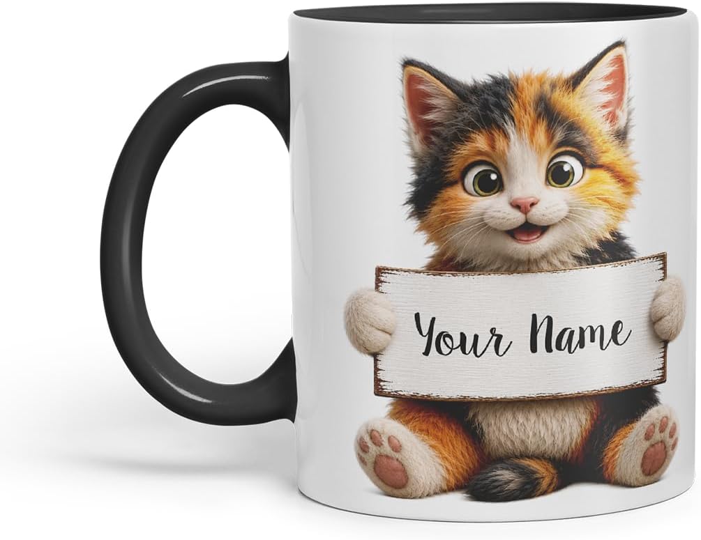 Vixar Personalised Mixed Cat Mug with Name or Custom Message – Cute Animal Coloured Ceramic Mug Cup Gift, 11oz (Black)