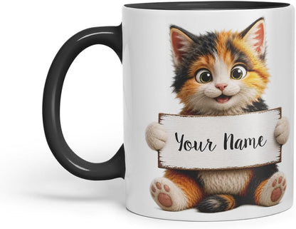 Vixar Personalised Mixed Cat Mug with Name or Custom Message – Cute Animal Coloured Ceramic Mug Cup Gift, 11oz (Black)