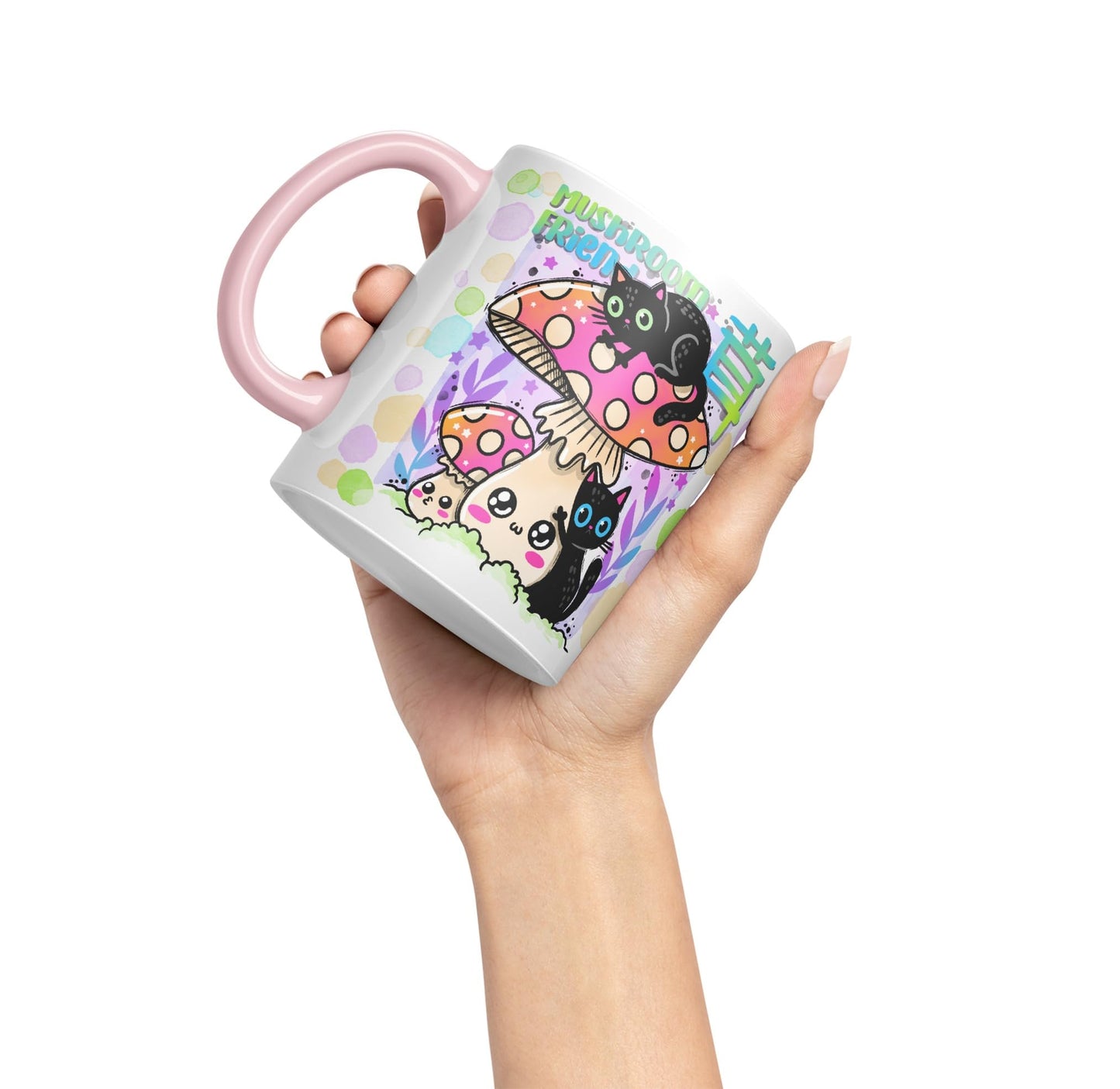 Vixar Mushroom with Cats Cat Friend Coloured Ceramic Mug Cup Gift 330ml 11oz Work Office Tea Coffee Valentines
