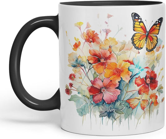 Vixar Ceramic Mug “Flowers & Butterfly” – Coloured Coffee & Tea Mug Cup 11oz 330ml (Black)