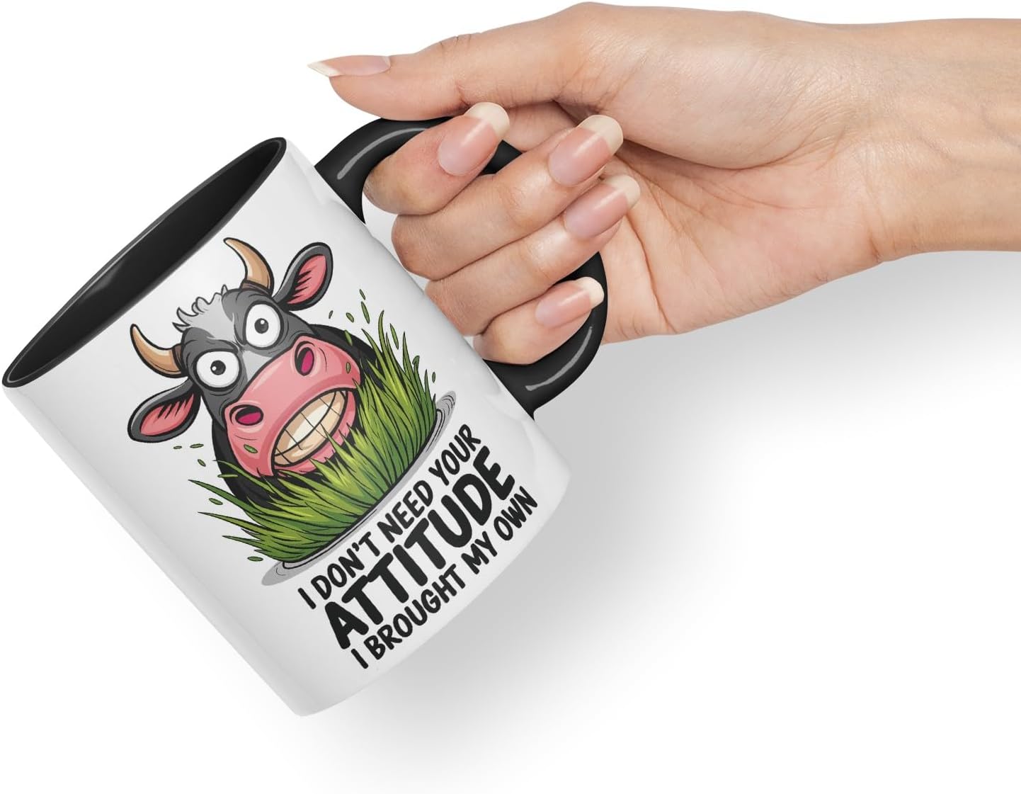 Vixar I Don’t Need Your Attitude I Brought My Own Cow Joke Coloured Ceramic Mug Cup Gift, 11oz (Black)