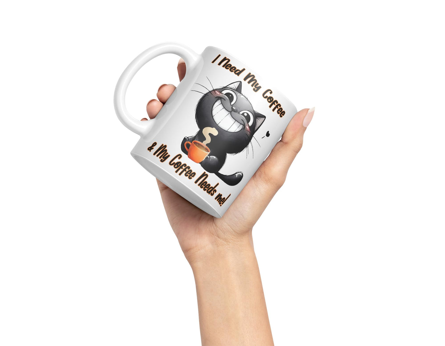 I Need My Coffee &My Coffee Needs Me! Cat Joke sarkasm Sarcastic Ceramic Coloured Mug Cup for Tea Coffee Hot Brew 330ml 11Oz Gift