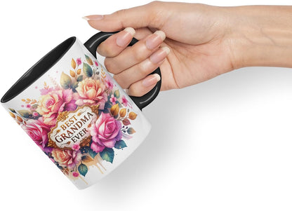 Vixar Best Grandma Ever Floral Mug – Coloured Ceramic Mug Cup Gift, 11oz (Black)