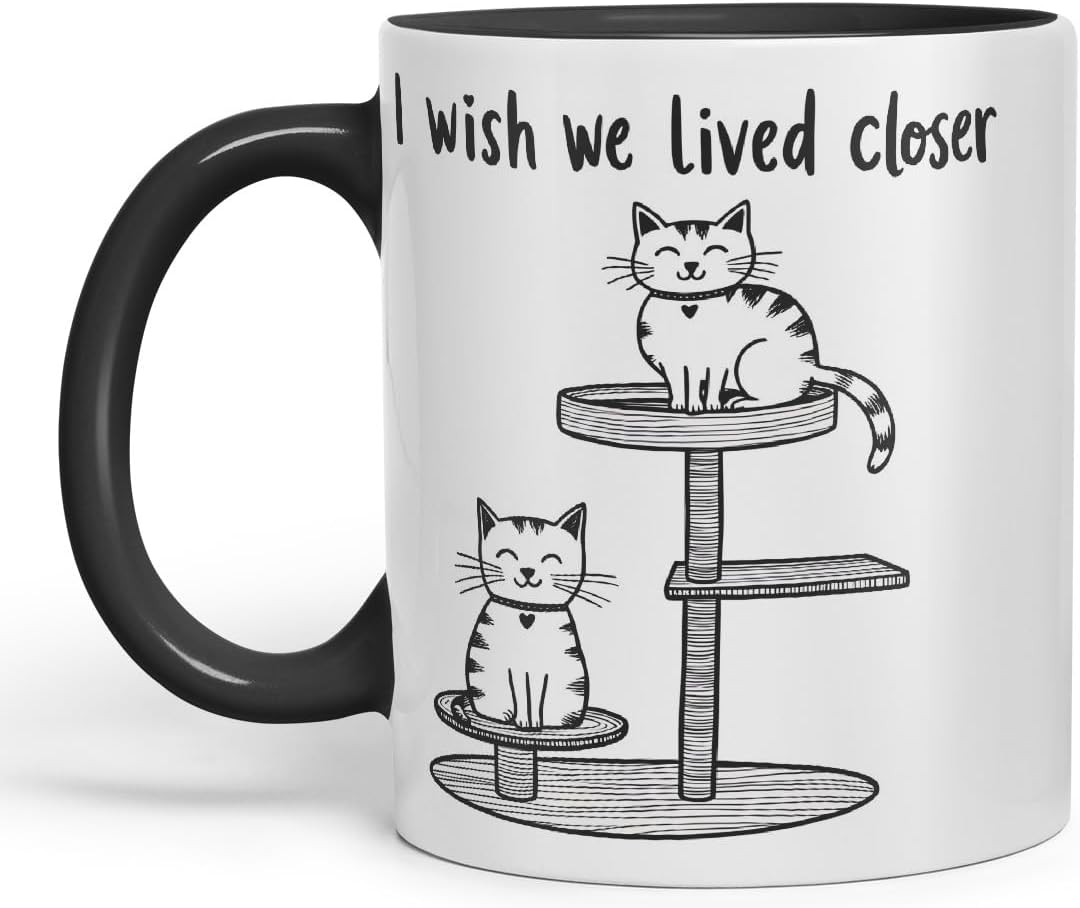 Vixar I Wish We Lived Closer Coloured Ceramic Cup Mug – Minimalist Cat Lovers Gift for Friends or Partner – 11oz (Black)