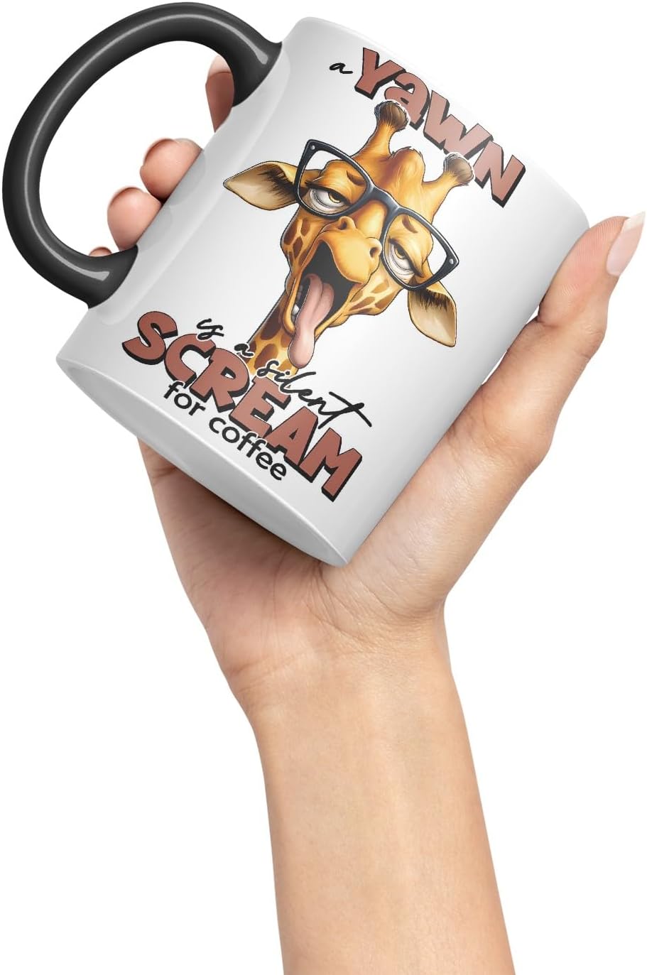 Vixar A Yawn is a Silent Scream for Coffee Giraffe Coloured Ceramic Mug Cup 11oz Funny Sarcastic Gift (Black)
