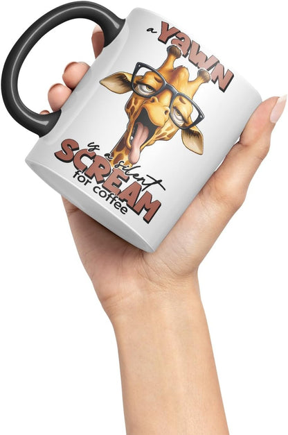 Vixar A Yawn is a Silent Scream for Coffee Giraffe Coloured Ceramic Mug Cup 11oz Funny Sarcastic Gift (Black)