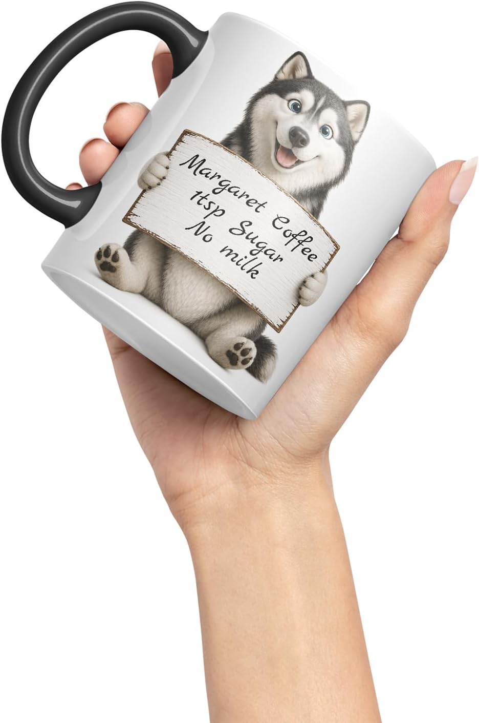 Vixar Personalised Husky Mug with Name or Custom Message – Cute Animal Coloured Ceramic Mug Cup Gift, 11oz (Black)