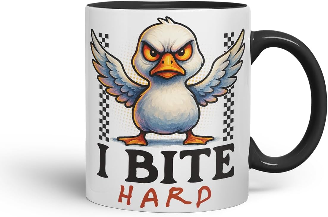 Vixar I Bite Hard Funny Seagull Mug – Coloured Ceramic Mug Cup Gift, 11oz (Black)