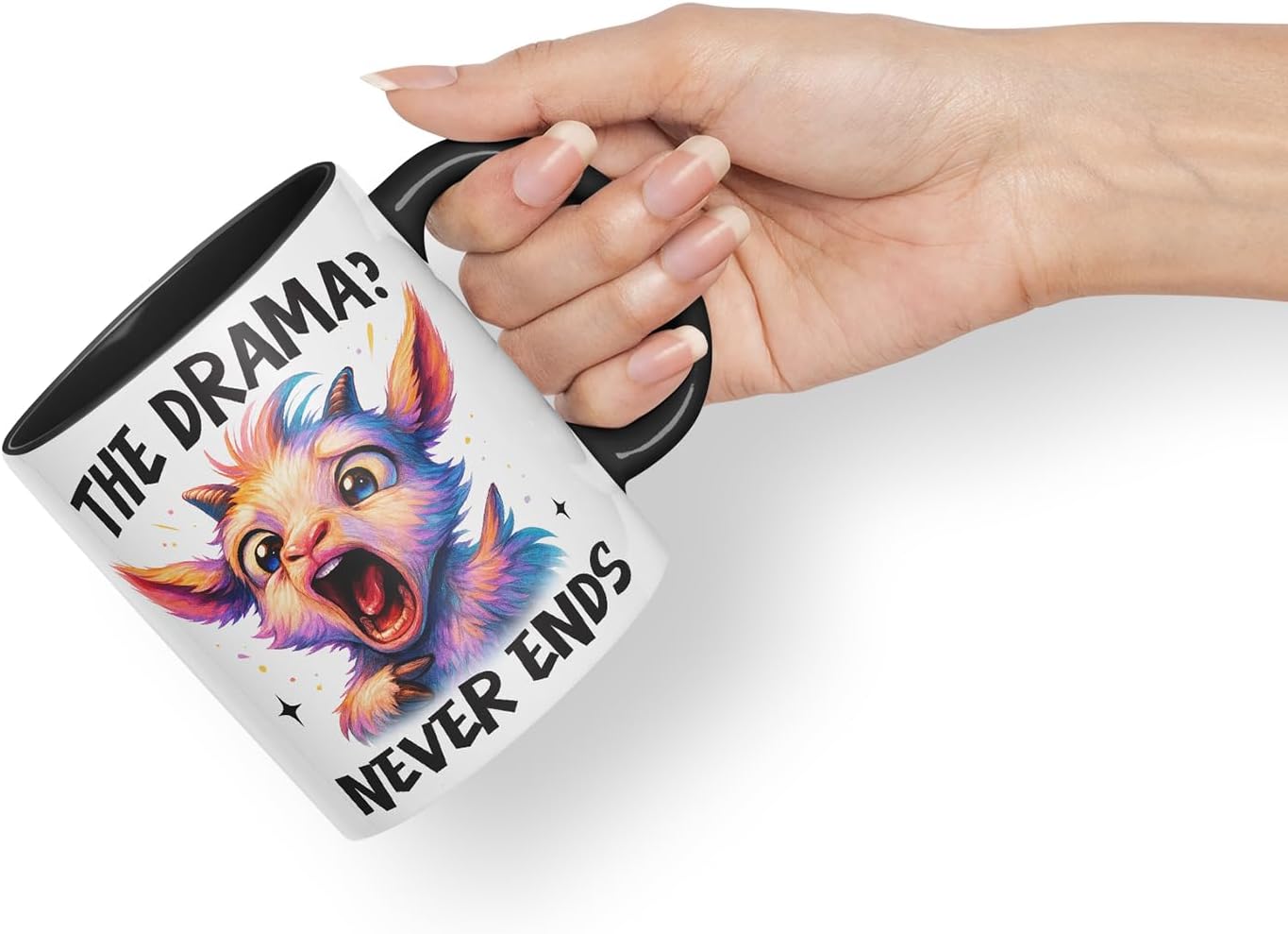 Vixar The Drama Never Ends Sarcastic Goat – Coloured Ceramic Mug Cup Gift, 11oz (Black)
