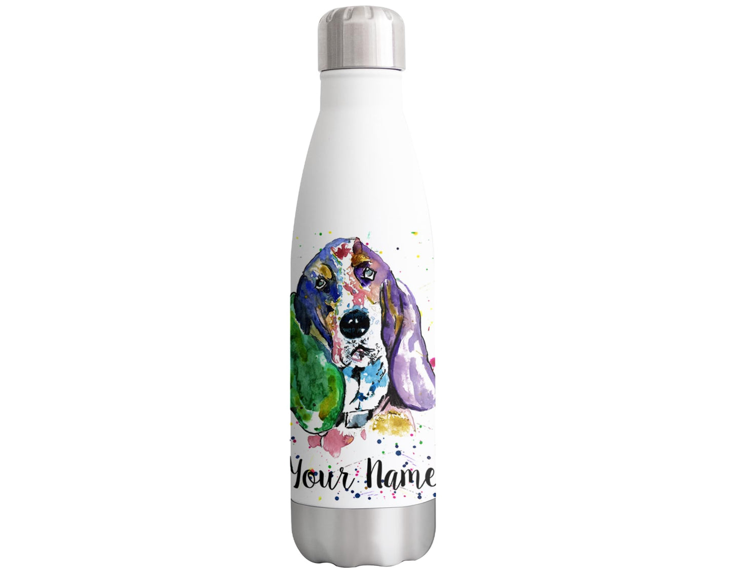 Basset Personalised Custom Bottle with Your Text/Name Dog Hound Pet Watercolour Animals Bottle Double Wall Insulated Stainless Steel Sport Drinks 500ml