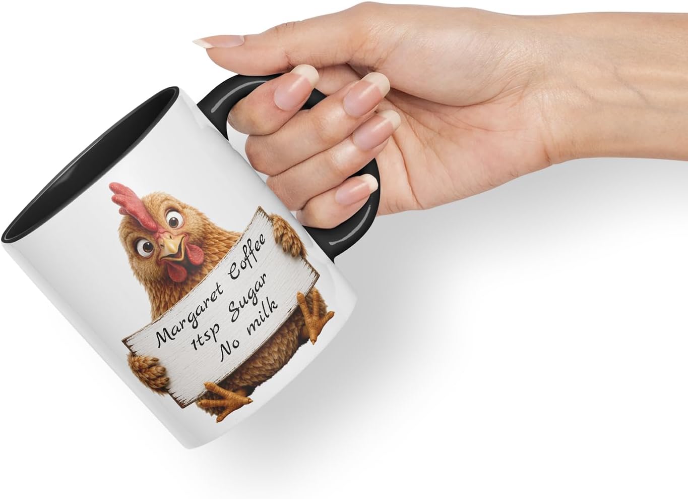 Vixar Personalised Hen Mug with Name or Custom Message – Cute Animal Coloured Ceramic Mug Cup Gift, 11oz (Black)