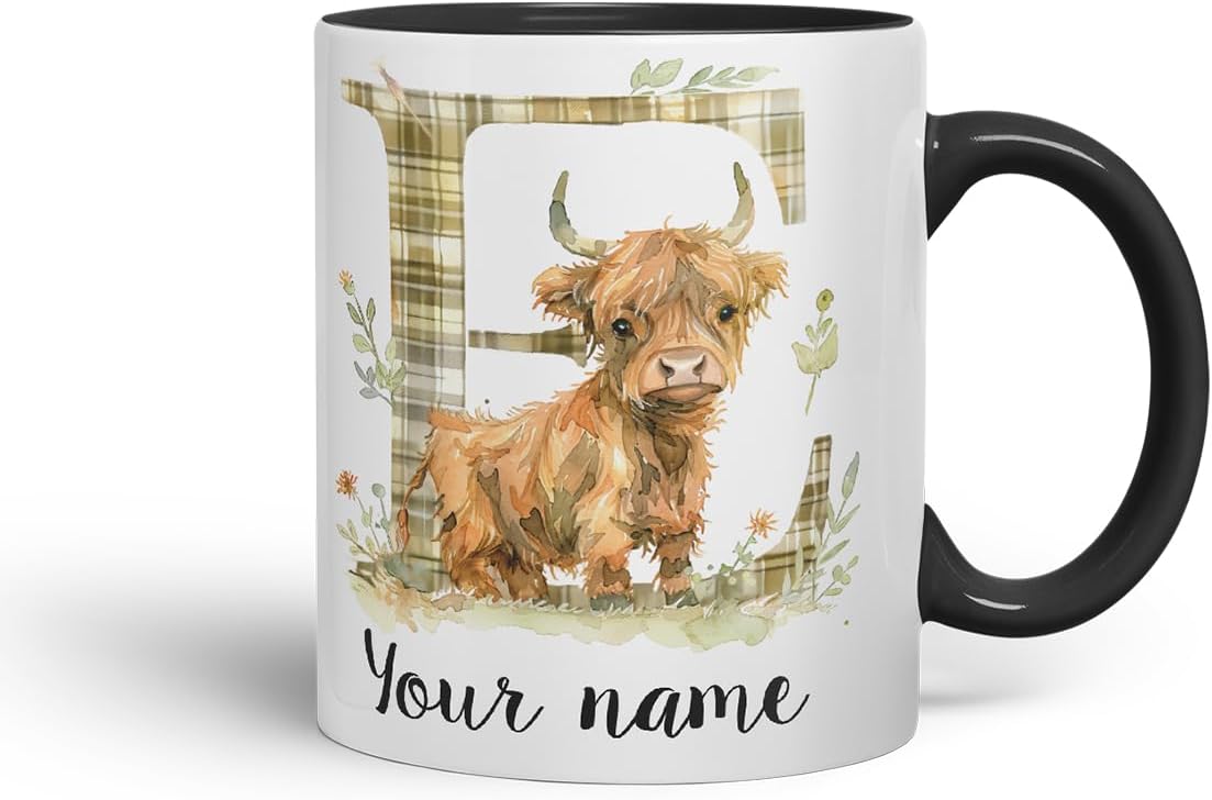 Vixar Personalised Highland Cow Initial Letter E Custom Name Mug – Coloured Ceramic Mug Cup Gift, 11oz (Black)