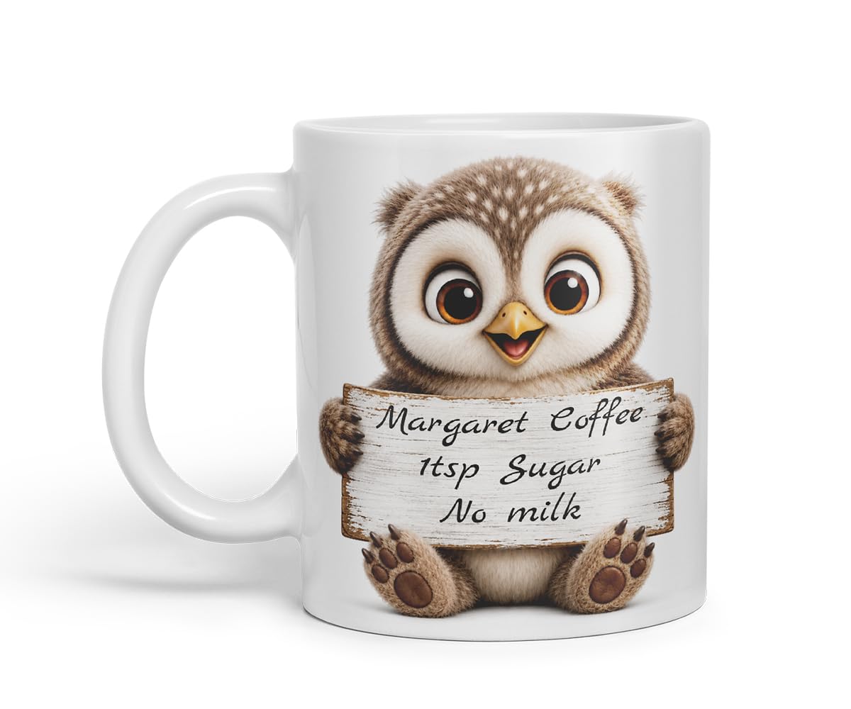 Vixar Personalised Owl Mug with Name or Custom Message – Cute Animal Coloured Ceramic Mug Cup Gift, 11oz (Black)