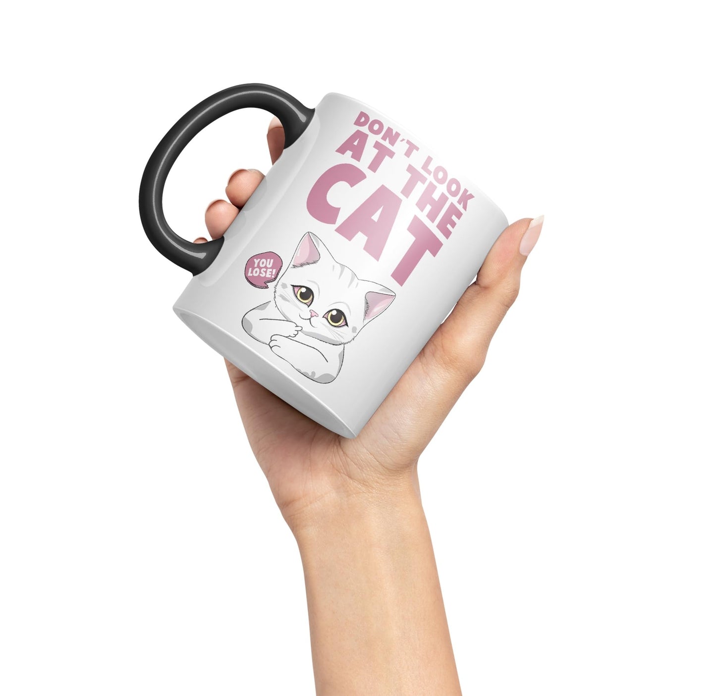 Vixar Don't Look at The Cat You Lose! Sarcastic Joke Ceramic Coloured Mug Cup for Tea Coffee Hot Brew 330ml 11oz