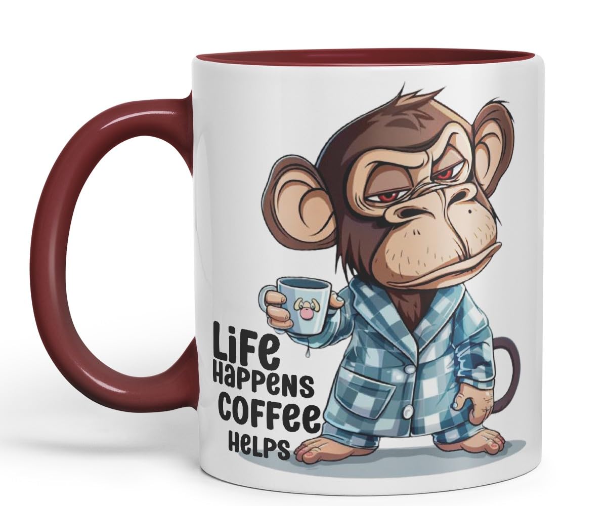 Vixar Life Happens Coffee Helps Monkey Mug – Coloured Ceramic Mug Cup Gift, 11oz (Black)