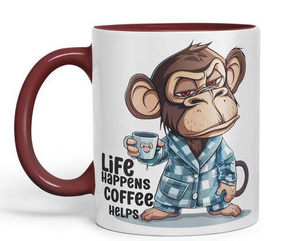 Vixar Life Happens Coffee Helps Monkey Mug – Coloured Ceramic Mug Cup Gift, 11oz (Black)