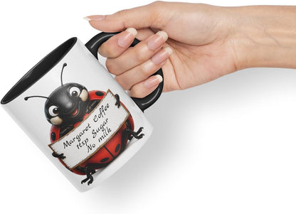 Vixar Personalised Ladybird Mug with Name or Custom Message – Cute Animal Coloured Ceramic Mug Cup Gift, 11oz (Black)