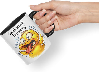 Vixar Quack Attack Incoming Funny Duck Mug – Coloured Ceramic Mug Cup Gift, 11oz (Black)