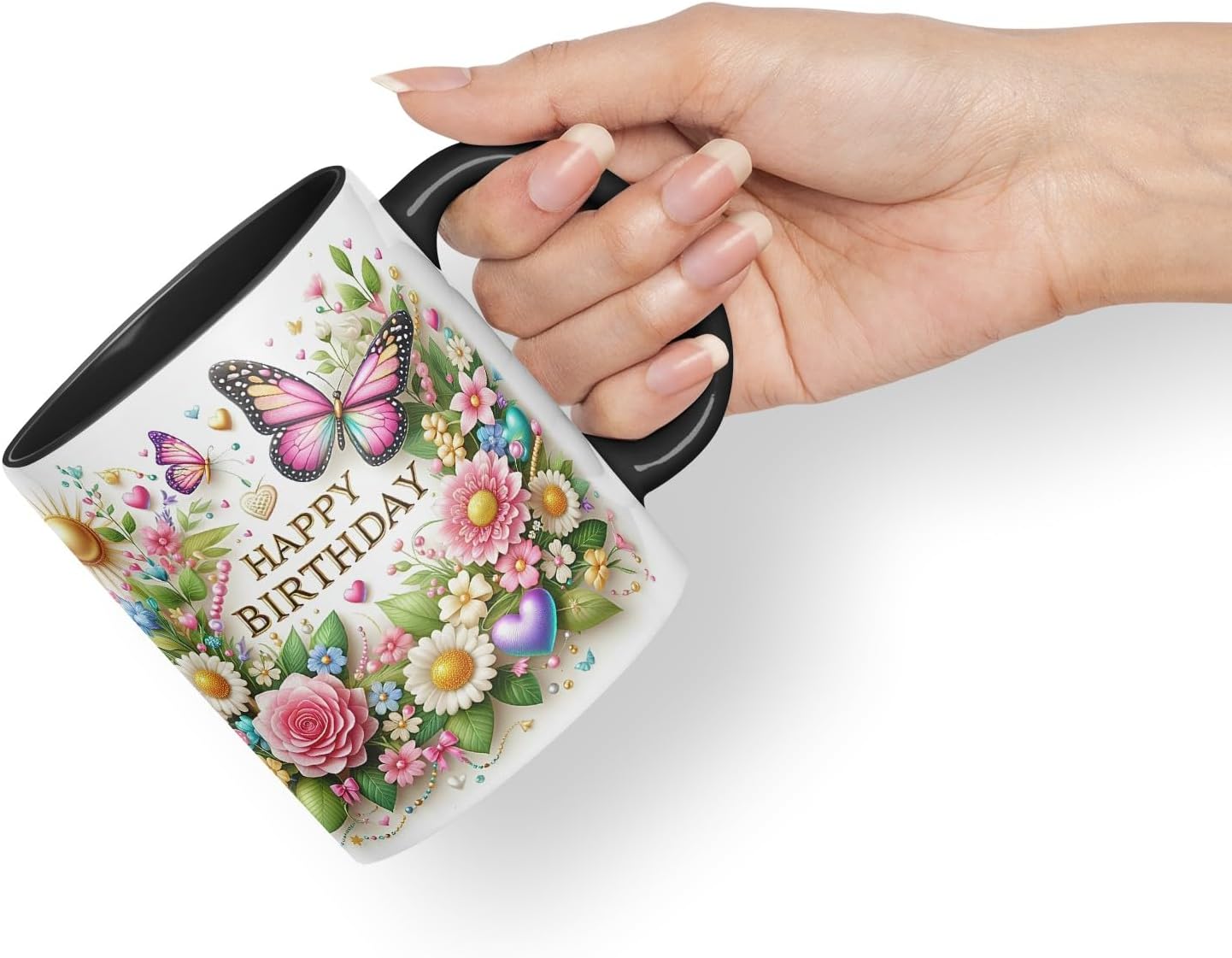 Vixar Happy Birthday Sun Roses Butterflies Coloured Ceramic Mug Cup Gift 11oz V14 (Black)