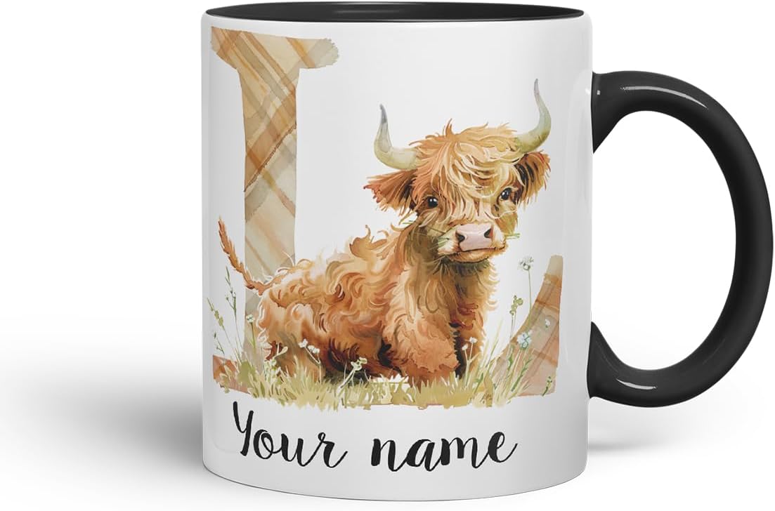 Vixar Personalised Highland Cow Initial Letter L Custom Name Mug – Coloured Ceramic Mug Cup Gift, 11oz (Black)