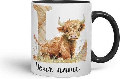 Vixar Personalised Highland Cow Initial Letter L Custom Name Mug – Coloured Ceramic Mug Cup Gift, 11oz (Black)