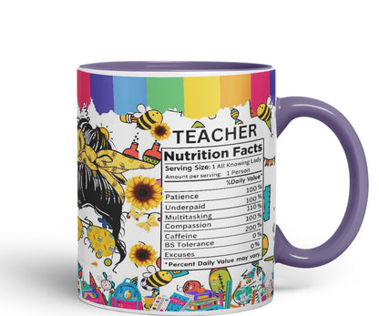 Vixar Teacher Nutrition Facts #teacherlife Mug Thank You, End of School Gift Ceramic Coloured Mug Cup for Tea Coffee Hot Brew 330ml 11Oz Gift TF2