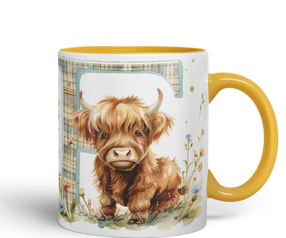 Vixar Highland Cow Alphabet Monogram Coloured Ceramic Cup Mug – Letter F – Rustic Farmhouse Animal Letter Gift – 11oz (Black)