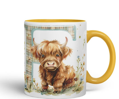 Vixar Highland Cow Alphabet Monogram Coloured Ceramic Cup Mug – Letter F – Rustic Farmhouse Animal Letter Gift – 11oz (Black)