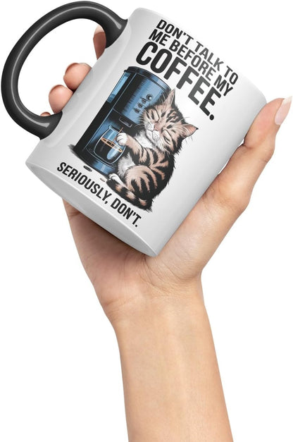 Vixar Don’t Talk to Me Before My Coffee Cat Mug – Coloured Ceramic Mug Cup Gift, 11oz (Black)