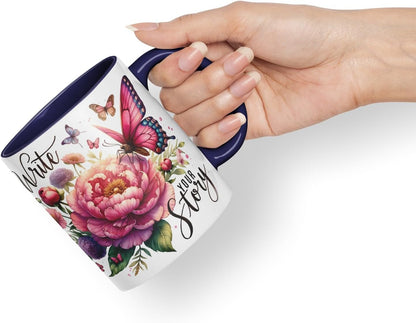 Vixar Write Your Story Butterfly Coloured Mug Cup Floral Inspirational Gift 11oz (Black)