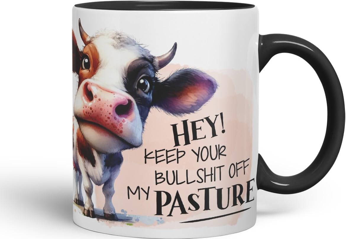 Vixar Hey! Keep Your Bullshit Off My Pasture Cow Coloured Ceramic Mug Cup Gift, 11oz (Black)