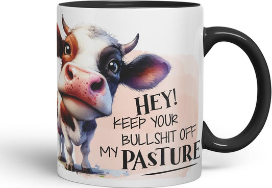 Vixar Hey! Keep Your Bullshit Off My Pasture Cow Coloured Ceramic Mug Cup Gift, 11oz (Black)