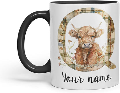 Vixar Personalised Highland Cow Initial Letter Q Custom Name Mug – Coloured Ceramic Mug Cup Gift, 11oz (Black)