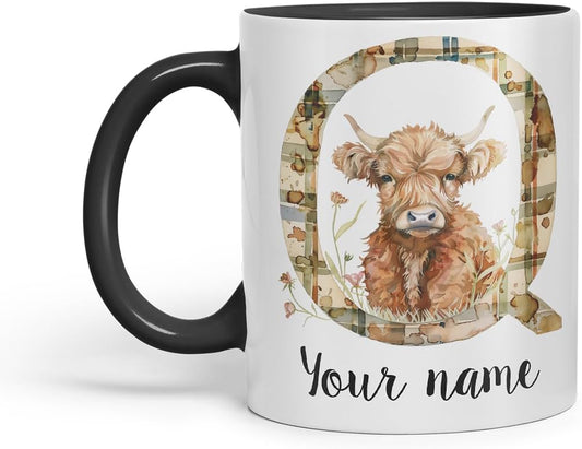 Vixar Personalised Highland Cow Initial Letter Q Custom Name Mug – Coloured Ceramic Mug Cup Gift, 11oz (Black)